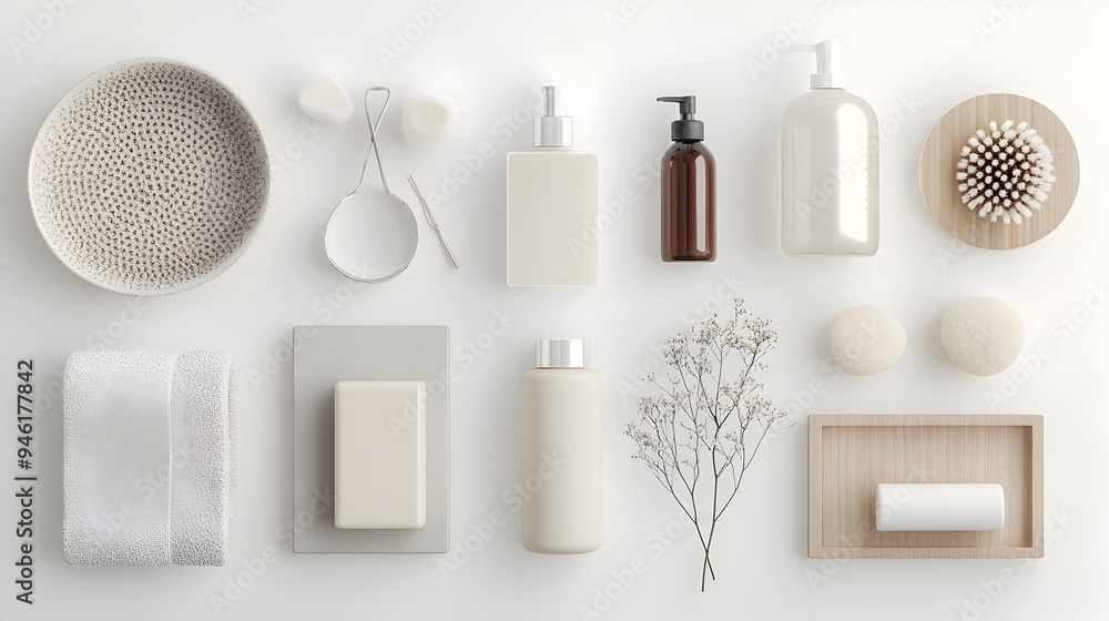 Poster thoughtfully arranged collection of household essentials displayed on a pure white backdrop showcasi