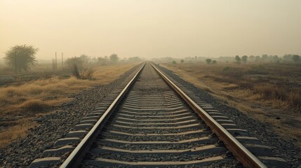 A long stretch of railway tracks disappearing into the distance, with no trains or people in sight