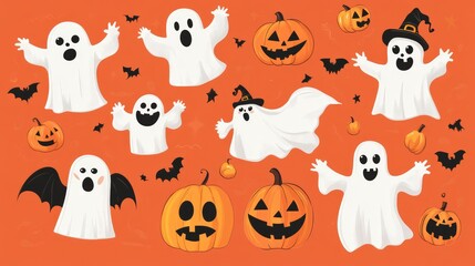 Cartoon ghosts and pumpkins in neat costumes, with a consistent background color palette and a simple, abstract design.