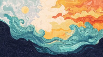 A weather map with swirling clouds and storms representing market turmoil, gradually clearing to reveal calm, sunny skies