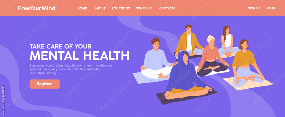 Poster design of website of retreat meditation class. template of site interface of yoga lessons. web banne