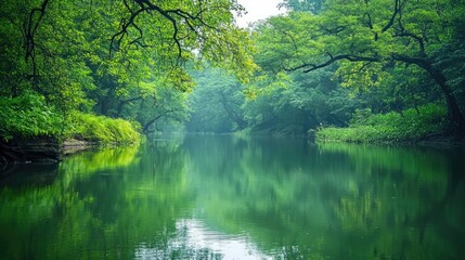 Fototapeta premium Silent Indian Riverbank: A peaceful riverbank in India, with lush greenery and calm waters, reflecting the natural beauty