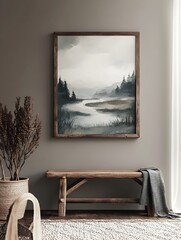 Mockup frame displayed in cozy farmhouse living room interior with abstract landscape painting featuring expressive brushstrokes and muted color palette along with rustic wooden bench textured rug