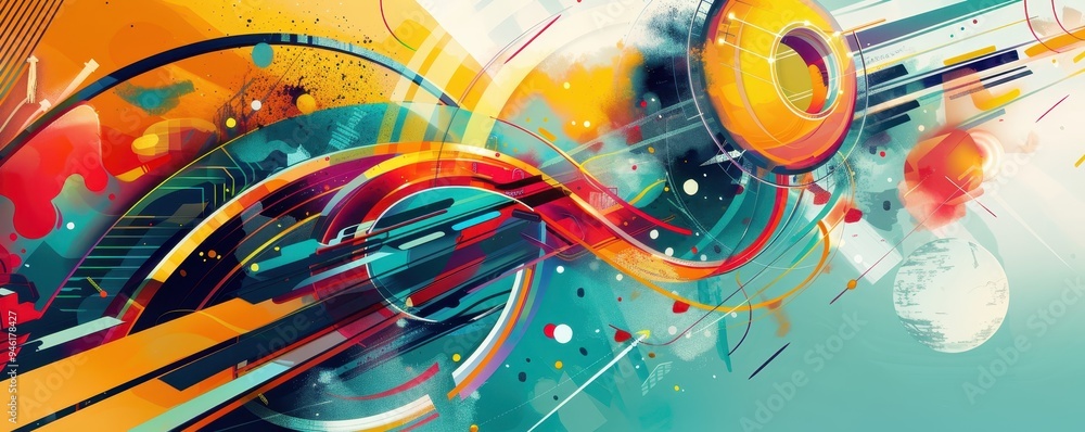 Poster dynamic abstract digital art composition with vibrant colors and geometric shapes creating a sense o