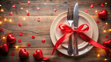 Valentine's Day themed table setting with red ribbon, hearts, plates, knife, and fork on a holidays background