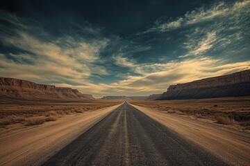 A dirt road in the desert with mountains in the background