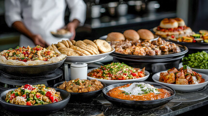 Obraz premium A Taste of Kuwait A Lavish Display of Traditional Kuwaiti and Arabic Cuisine Showcasing a Rich Variety of Dishes in an Opulent Dining Setting Celebrating Culinary Heritage and Flavors.