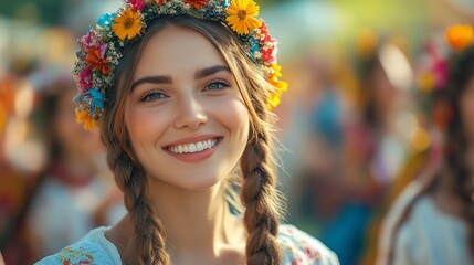 Fototapeta premium Beautiful smiling woman wearing flower wreath at summer festival