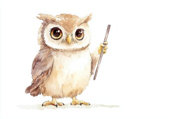 Nerdy owl teaching a class, holding a pointer, isolated on white, watercolor style