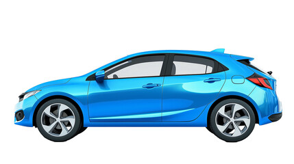 Side View Of Blue Hatchback Car Mock Up isolated on transparent or white background