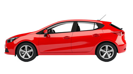 Side View Of Red Hatchback Car Mock Up isolated on transparent or white background