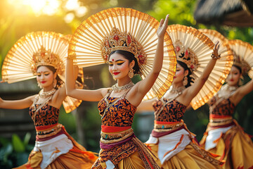 Asian travel background. Group of beautiful Balinese dancer women in traditional Sarong costumes with fans in hands dancing Legong
