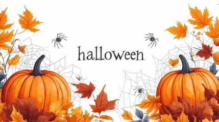 inscription "HALLOWEEN", web, spiders, pumpkin, white background