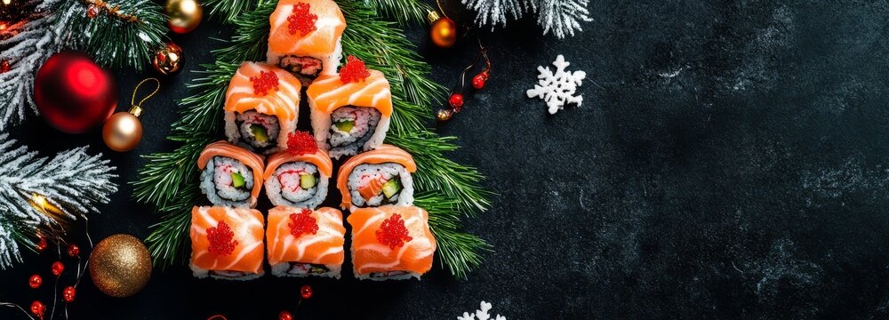Christmas sushi tree being decorated with fir branches for festive dinner party on dark background, copyspace