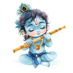 Fototapeta premium Cute Baby Krishna Playing Flute in Traditional Clothing, Depicting Hindu God Lord Krishna for Janmashtami and Govardhan Puja Celebrations on White Background