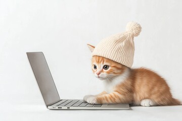 Kitten in student hat typing on a laptop, focused on learning, isolated on white, watercolor style