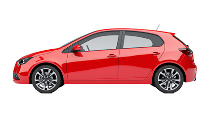 Side View Of Red Hatchback Car Mock Up isolated on transparent or white background