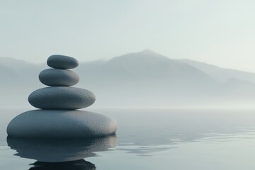 A stone balancing act on a calm lake, set against a mountain backdrop.