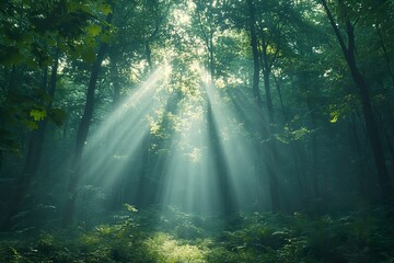Obraz premium A dense forest with rays of sunlight breaking through the canopy, creating a magical atmosphere