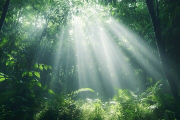 Fototapeta premium A dense forest with rays of sunlight breaking through the canopy, creating a magical atmosphere