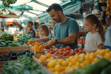 Obraz premium A family exploring a farmer market, sampling fresh fruits and vegetables, and enjoying the lively atmosphere
