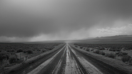 Fototapeta premium A lonely road through a vast, empty plain, stretching out endlessly with no signs of life or landmarks, eventually disappearing into the horizon