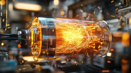 A dynamic close-up shot of a power battery with a powerful thunderstorm swirling within its transparent casing. 