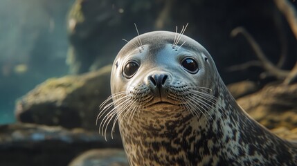 Obraz premium Curious harbor seal emerging from the water and glancing around