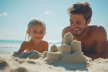 A family having a fun day at the beach, building sandcastles and playing in the waves