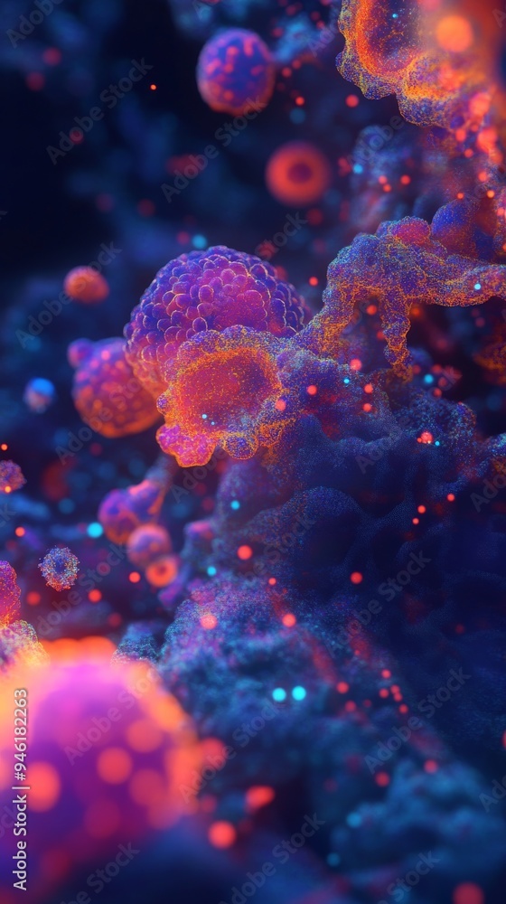Poster microscopic view of colorful cells mutating and reproducing
