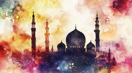 This watercolor illustration depicts the silhouette of a mosque and minarets against a vibrant, colorful sky. The scene, with crescent moons and stars, symbolizes the spiritual significance of Islam