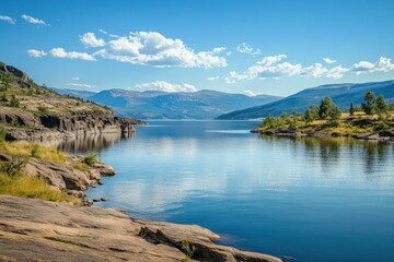 Fototapeta premium A view of the lake from the south-east, with the mountains of the Dovrefjell range in the background.