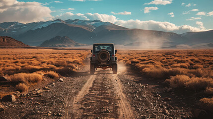 A jeep navigating a rough, rocky road in a remote desert, surrounded by towering dunes and vast open spaces, perfect for those who crave adventure off the beaten path