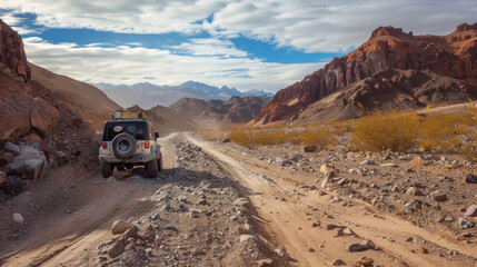 A jeep navigating a rough, rocky road in a remote desert, surrounded by towering dunes and vast open spaces, perfect for those who crave adventure off the beaten path