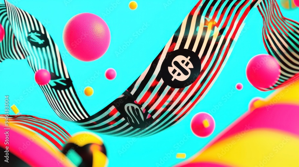 Poster an elastic band stretched to its limit with financial metrics and symbols printed on it, about to sn