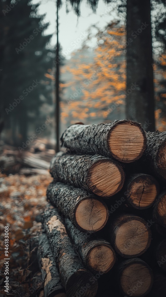 Poster pile of logs in autumnal forest setting waiting to be transported