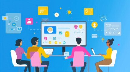 A group of professionals in a meeting room, brainstorming around a screen showing social media management software, with ideas being shared and notes taken