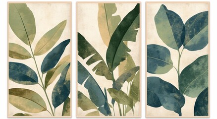 Abstract modern botanical leaf wall art set of three frames with a vintage feel