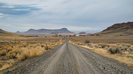 Fototapeta premium A gravel road crossing a desolate, arid landscape, with the small, remote village visible on the horizon, surrounded by nothing but dry plains and distant mountains