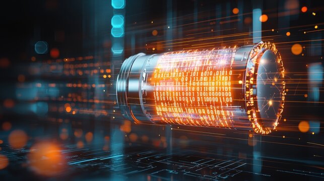 A detailed 3D illustration of a lithium battery with a binary code pattern glowing through its semi-transparent casing. The image focuses on the battery is metallic details and the glowing effect of