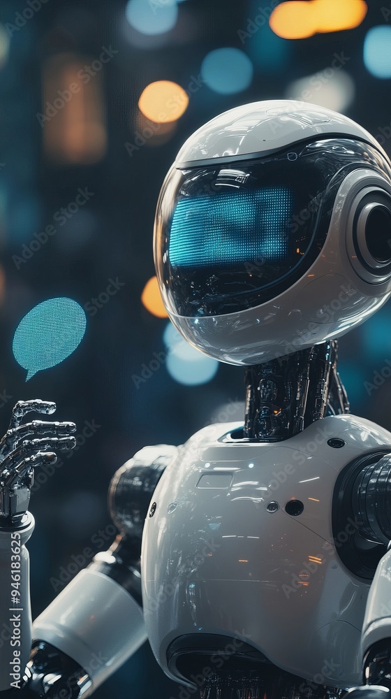 Poster humanoid robot interacting with digital speech bubble in futuristic environment