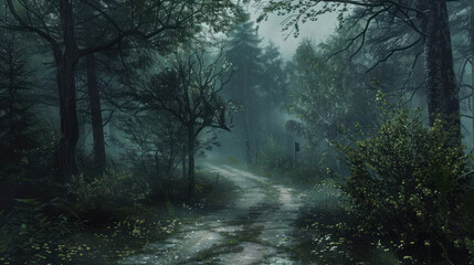 Obraz premium A forgotten road disappearing into a dense forest, with the remains of an old, abandoned village barely visible through the trees, shrouded in mist and mystery