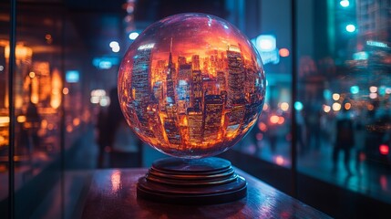 The holographic globe reflects a stunning, illuminated city skyline at night, capturing the essence of urban energy and life.