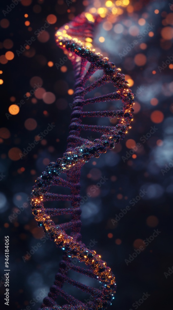 Poster dna double helix rotating on abstract background with bokeh effect