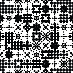 Abstract monochrome background. Geometric shapes made of dots and circles. Black and white geometric seamless pattern creating a mesmerizing visual effect. Wrapping paper or textile print fabric