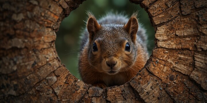 Squirrel with Glasses Peeking Through Hole.