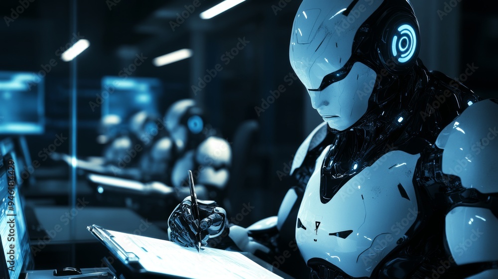 Poster futuristic robot signing contract in high tech office setting