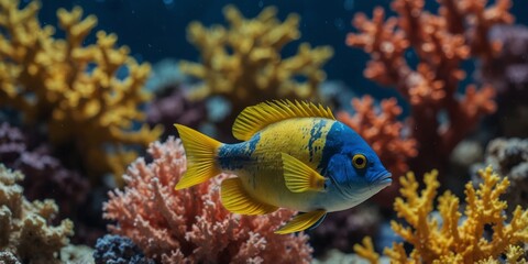 Obraz premium Yellow and Blue Fish Swimming Amidst Coral.