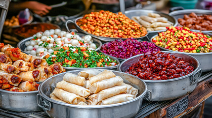 Fototapeta premium A Taste of Kuwait A Lavish Display of Traditional Kuwaiti and Arabic Cuisine Showcasing a Rich Variety of Dishes in an Opulent Dining Setting Celebrating Culinary Heritage and Flavors