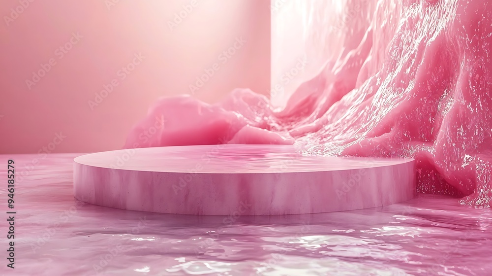 Poster a circular platform rests elegantly atop a shimmering pink, liquid-like surface, creating a surreal 